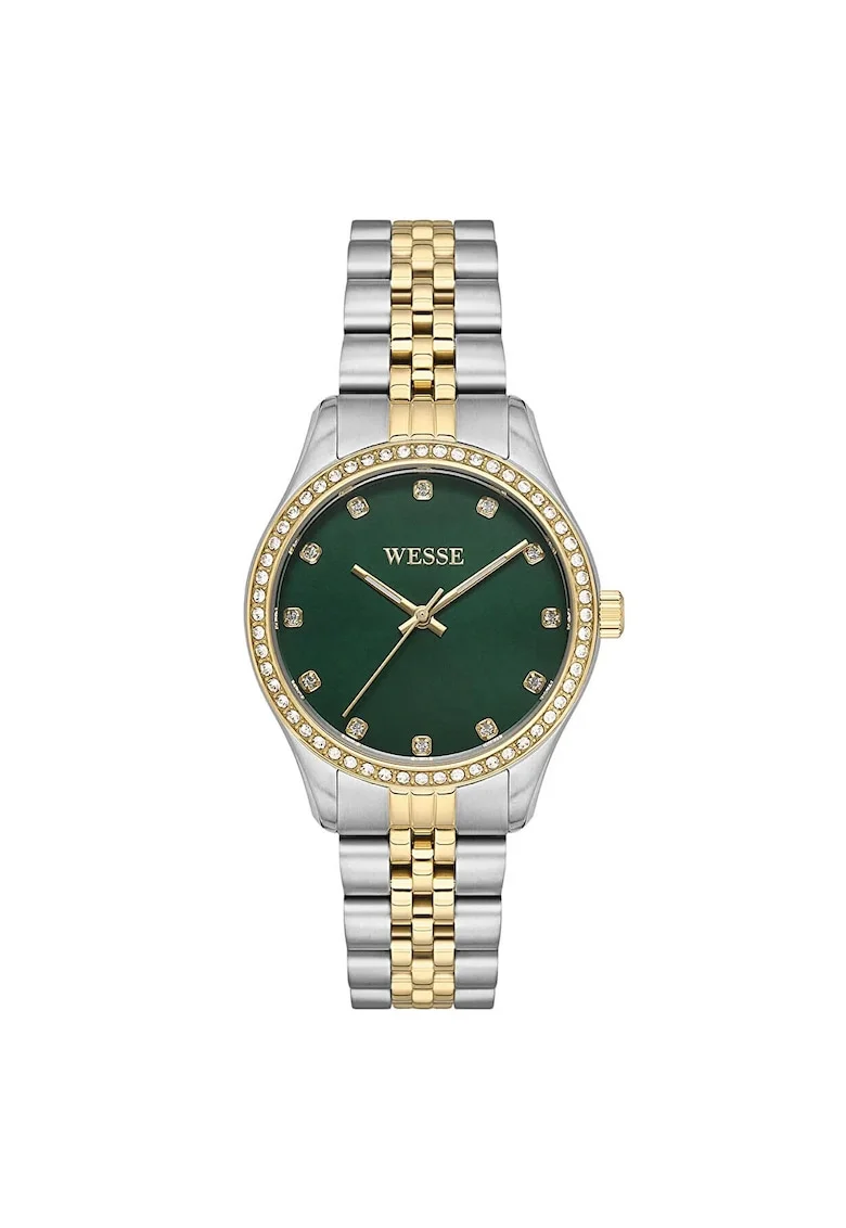 Ceas dama  34 mm, otel, rezistent la apa 5 ATM, argintiu/auriu, cadran verde