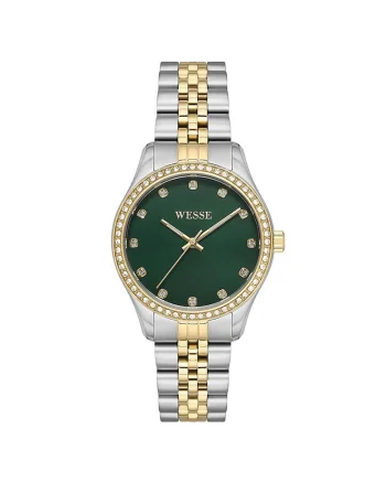 Ceas dama  34 mm, otel, rezistent la apa 5 ATM, argintiu/auriu, cadran verde
