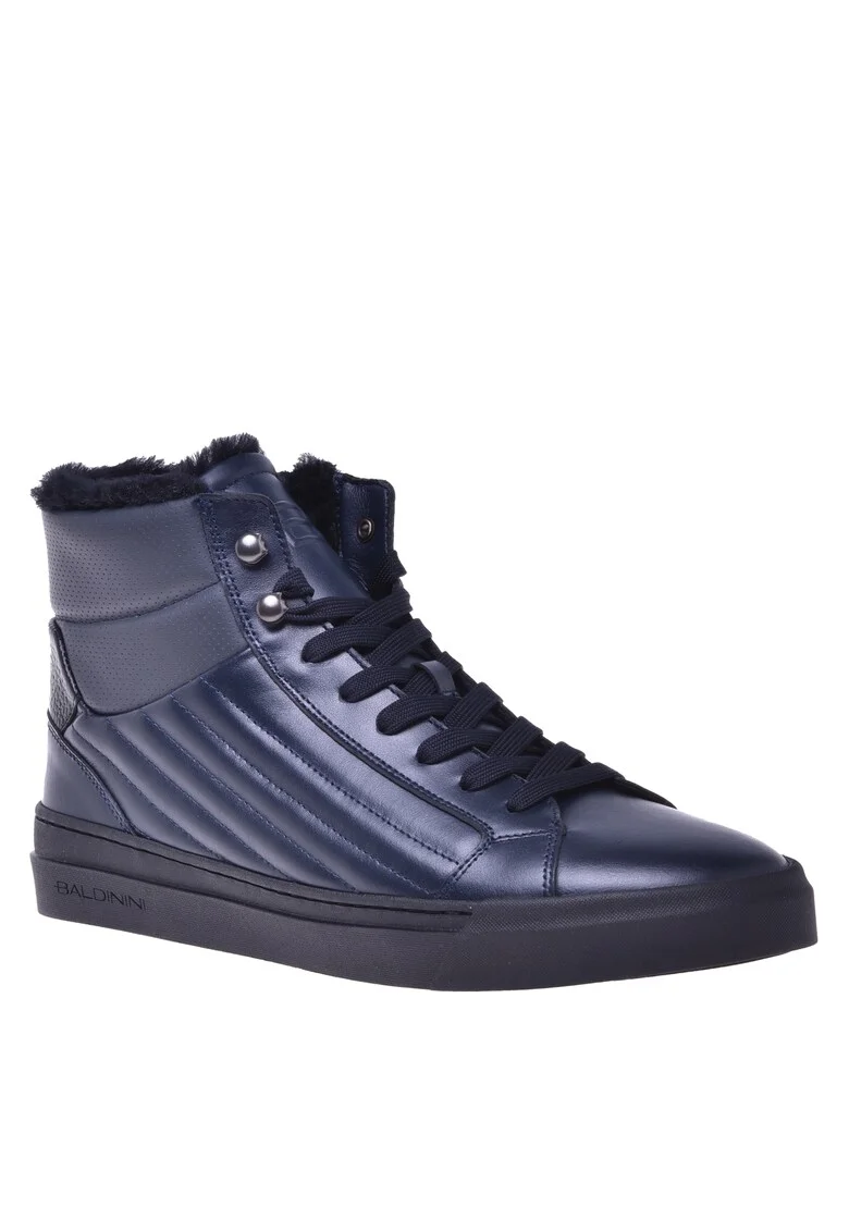 Pantofi sport mid-high din piele cu captuseala de blana, Albastru inchis