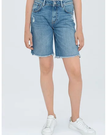 Bermude din denim, cu terminatii franjurate, Albastru inchis/Bleumarin