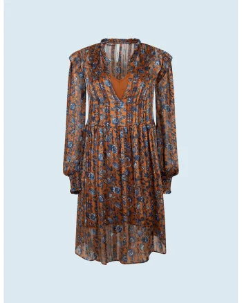 Rochie-tunica cu model floral, Maro scortisoara/Albastru deschis