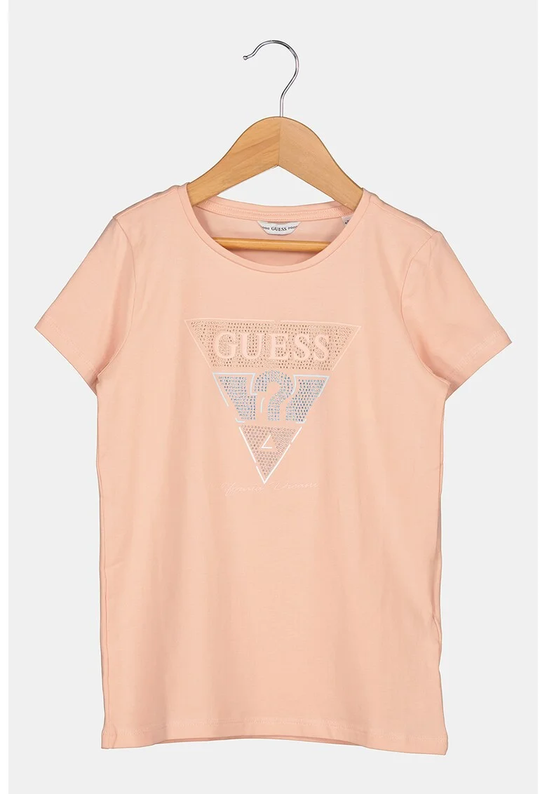 Tricou cu decolteu la baza gatului si aplicatie logo din strasuri, Roz somon
