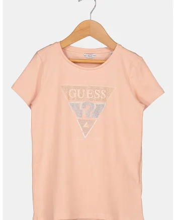 Tricou cu decolteu la baza gatului si aplicatie logo din strasuri, Roz somon