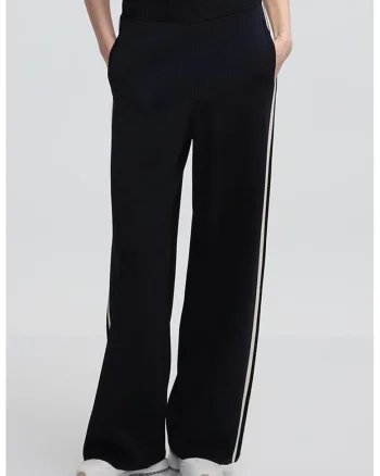 Pantaloni cu croiala ampla si talie inalta, Alb fildes/Negru