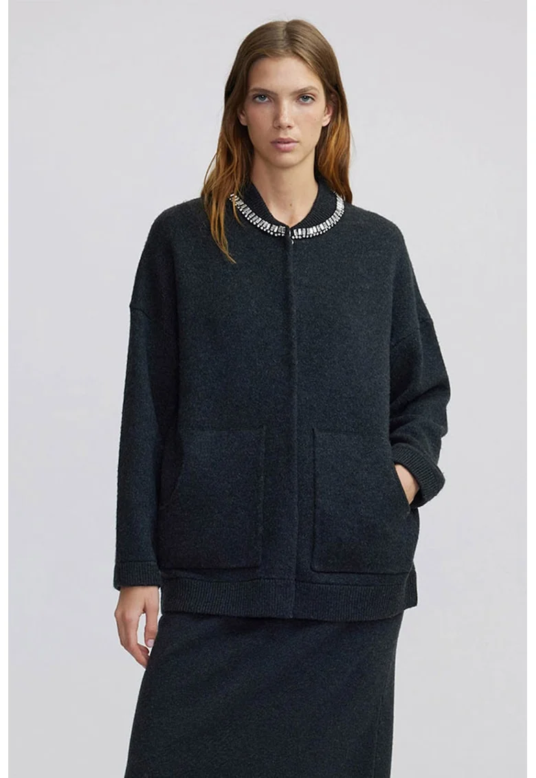 Cardigan din amestec de lana cu aplicatii din strasuri, Negru stins/Transparent