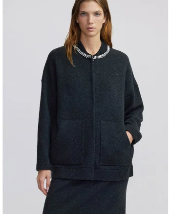 Cardigan din amestec de lana cu aplicatii din strasuri, Negru stins/Transparent