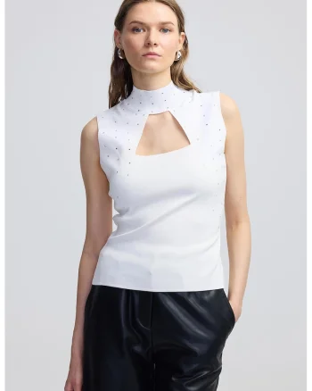 Bluza cu decupaj, fara maneci, Alb/Argintiu