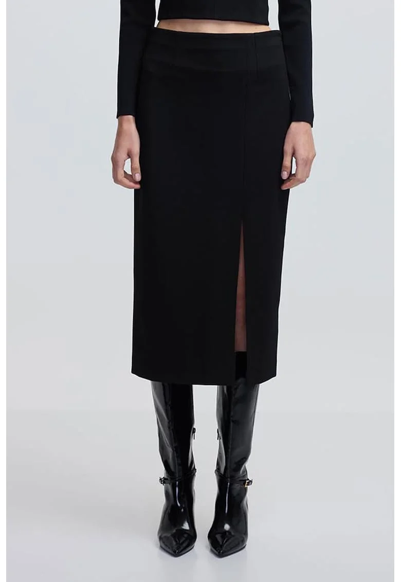 Fusta midi uni cu slit frontal, Negru