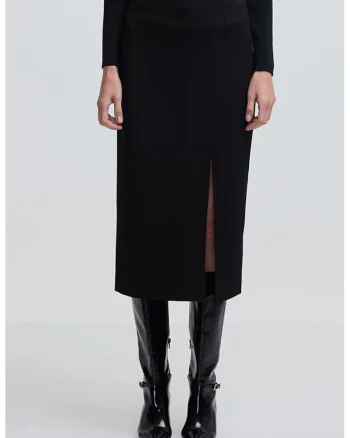 Fusta midi uni cu slit frontal, Negru