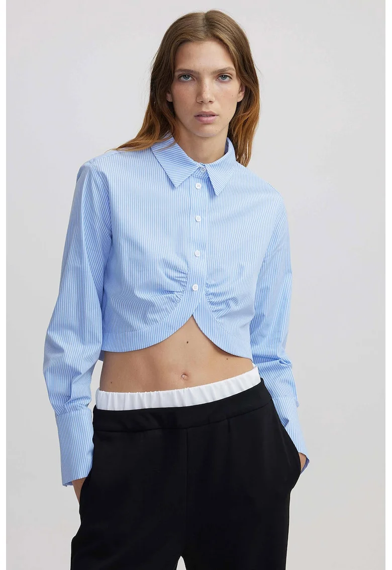 Camasa crop cu dungi, Alb/Albastru azur