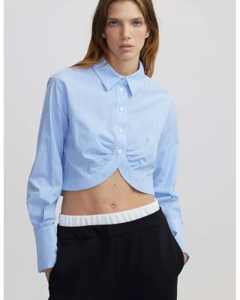 Camasa crop cu dungi, Alb/Albastru azur
