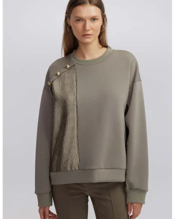 Bluza de trening cu margele si decolteu la baza gatului, Maro taupe