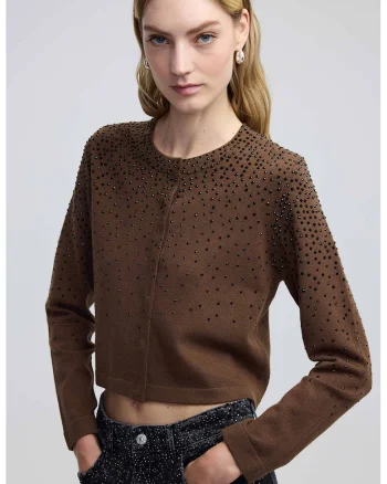 Cardigan crop cu strasuri, Negru/Maro
