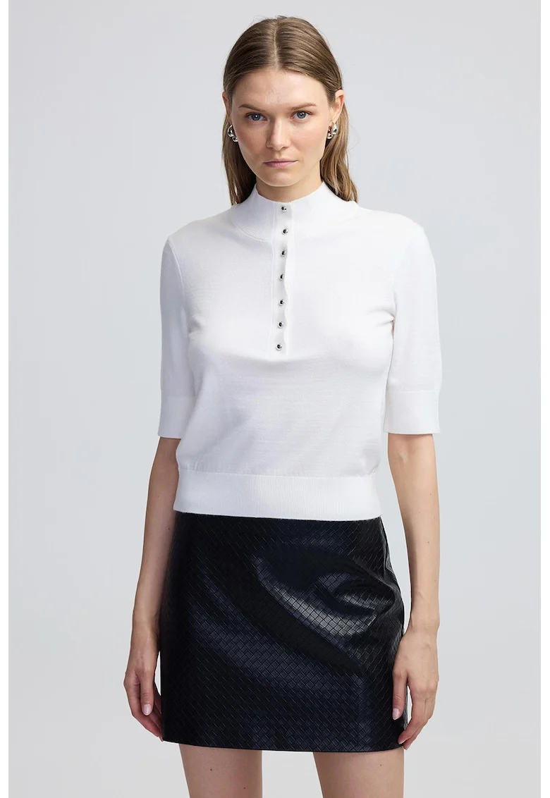 Bluza tricotata fin cu maneci medii, Alb