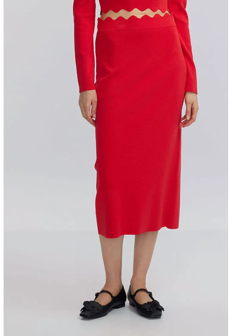 Fusta midi cu slit pe partea din spate, Rosu vermillion