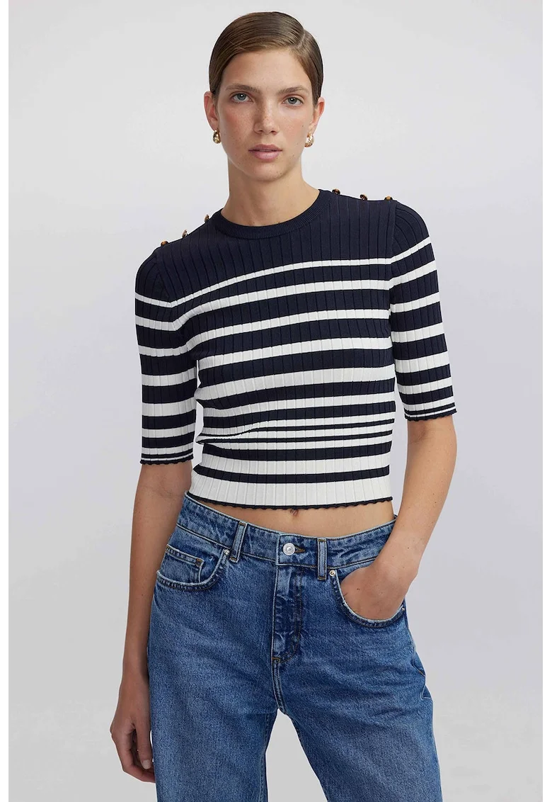 Pulover crop cu nasturi decorativi si dungi, Alb/Albastru ultramarin