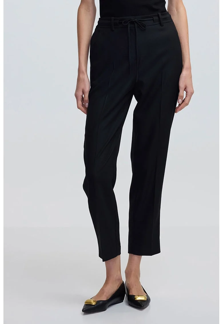 Pantaloni crop cu snur in talie, Negru stins