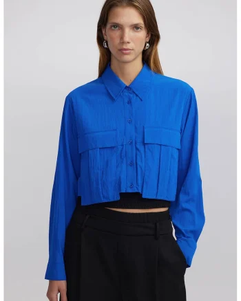 Camasa crop de bumbac, Negru/Albastru royal
