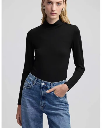 Bluza din amestec de lyocell cu guler scurt, Negru