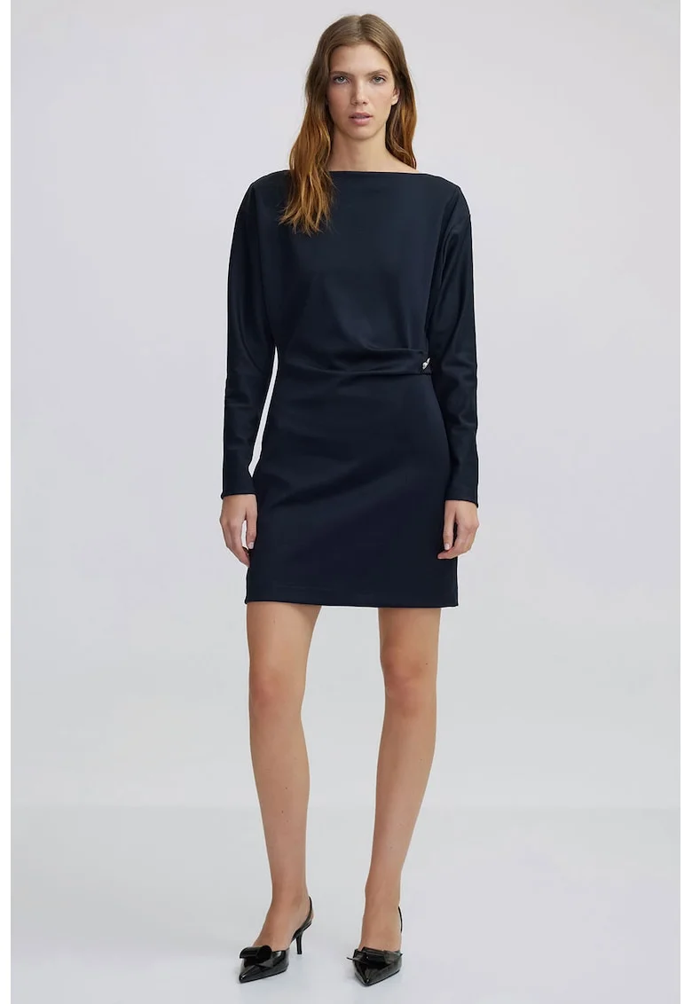 Rochie scurta cu nasture decorativ tip bijuterie, Albastru ultramarin