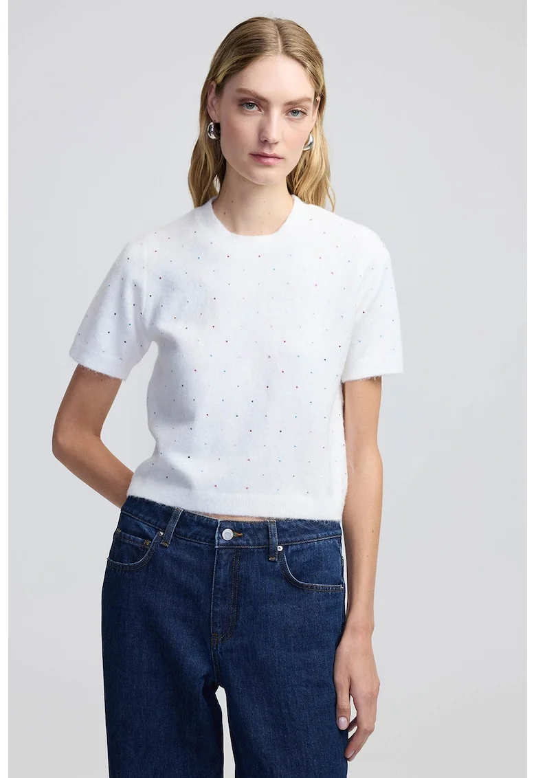 Bluza cu aspect pufos si decolteu la baza gatului, Alb/Argintiu
