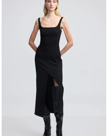 Rochie midi cu slit frontal, Negru