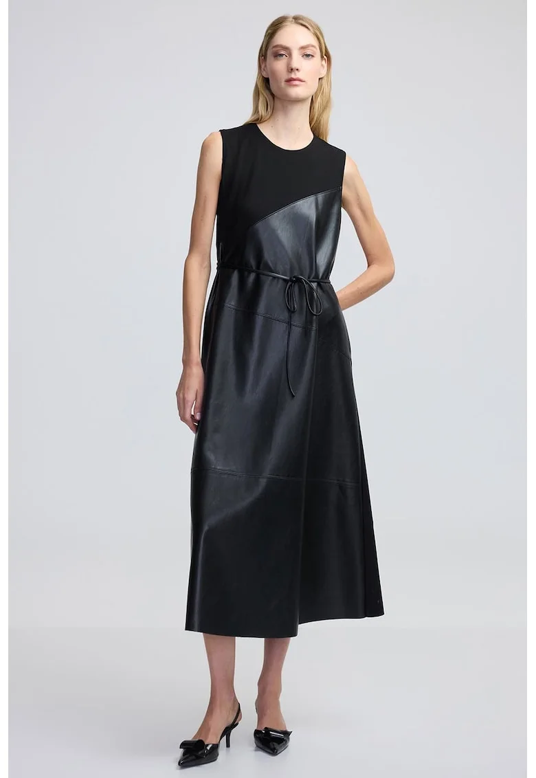 Rochie din piele ecologica cu segment, Negru