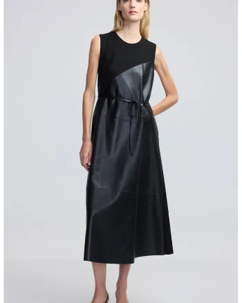 Rochie din piele ecologica cu segment, Negru