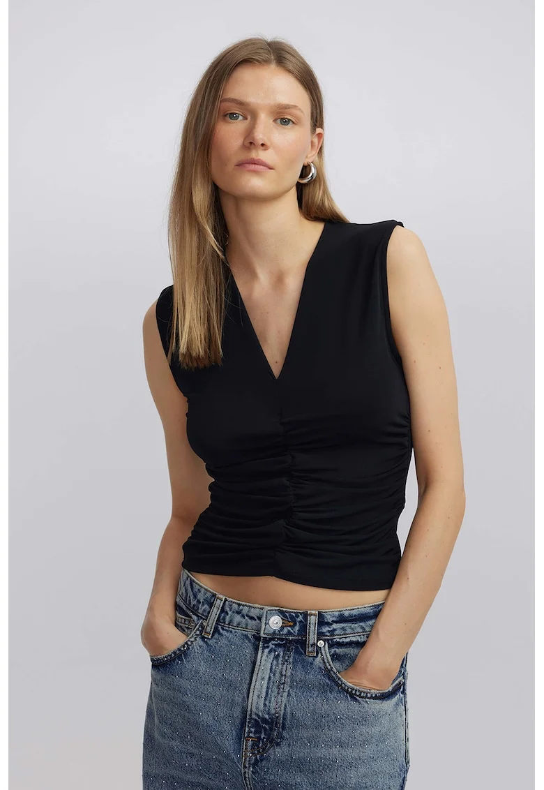 Bluza crop cu decolteu in V, Negru