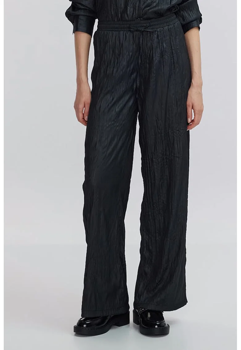 Pantaloni cu aspect creponat si talie inalta, Negru stins