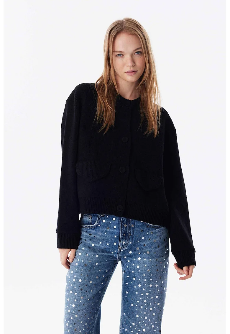 Cardigan din amestec de lana cu buzunare frontale, Negru