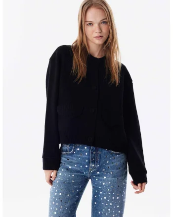 Cardigan din amestec de lana cu buzunare frontale, Negru