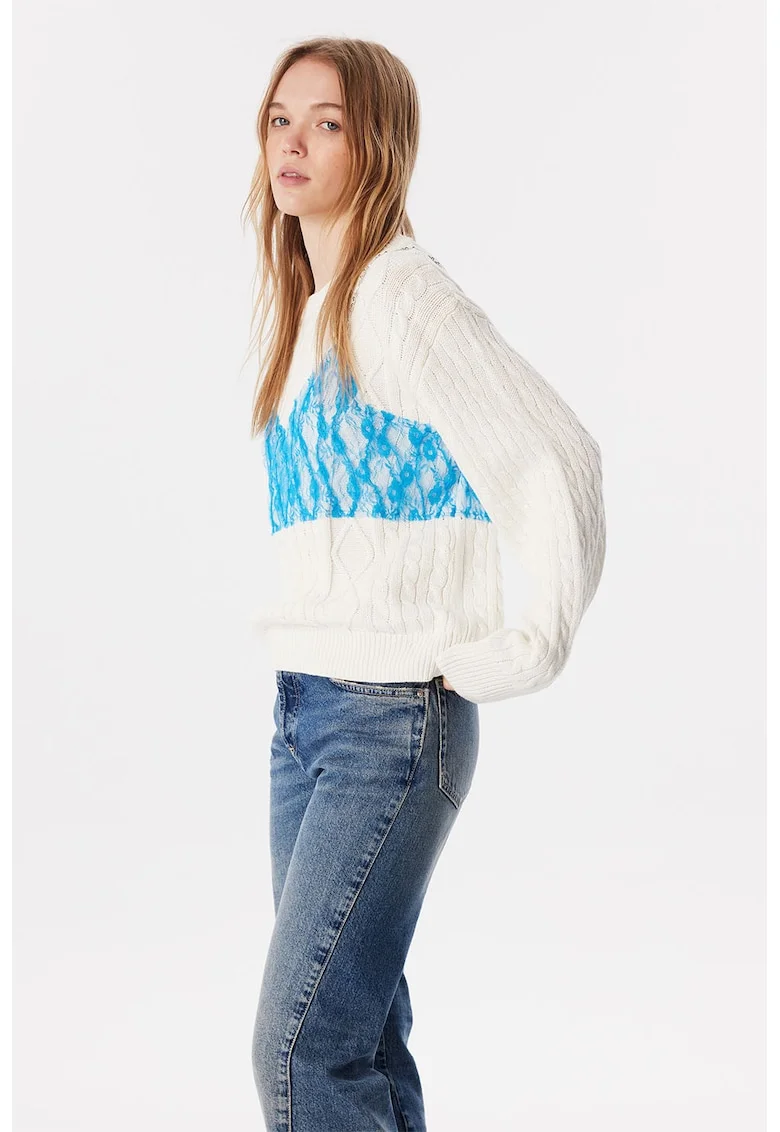 Pulover lejer cu model torsade, Alb fildes/Albastru