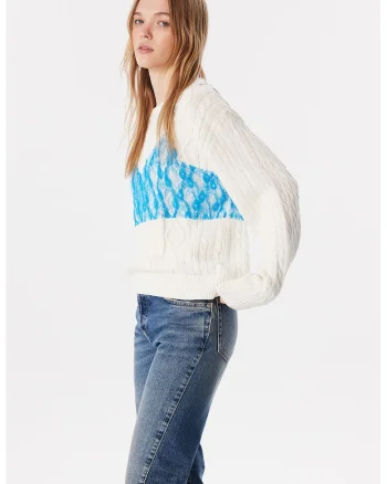 Pulover lejer cu model torsade, Alb fildes/Albastru