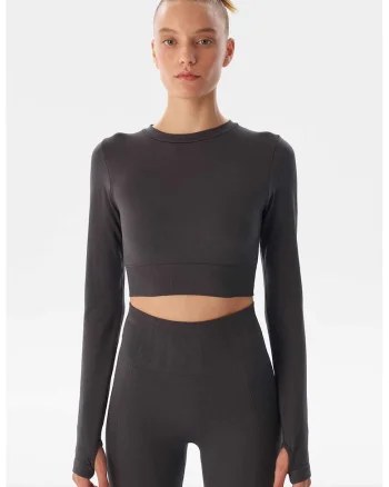 Bluza crop cu fanta pentru degetul mare, Gri antracit