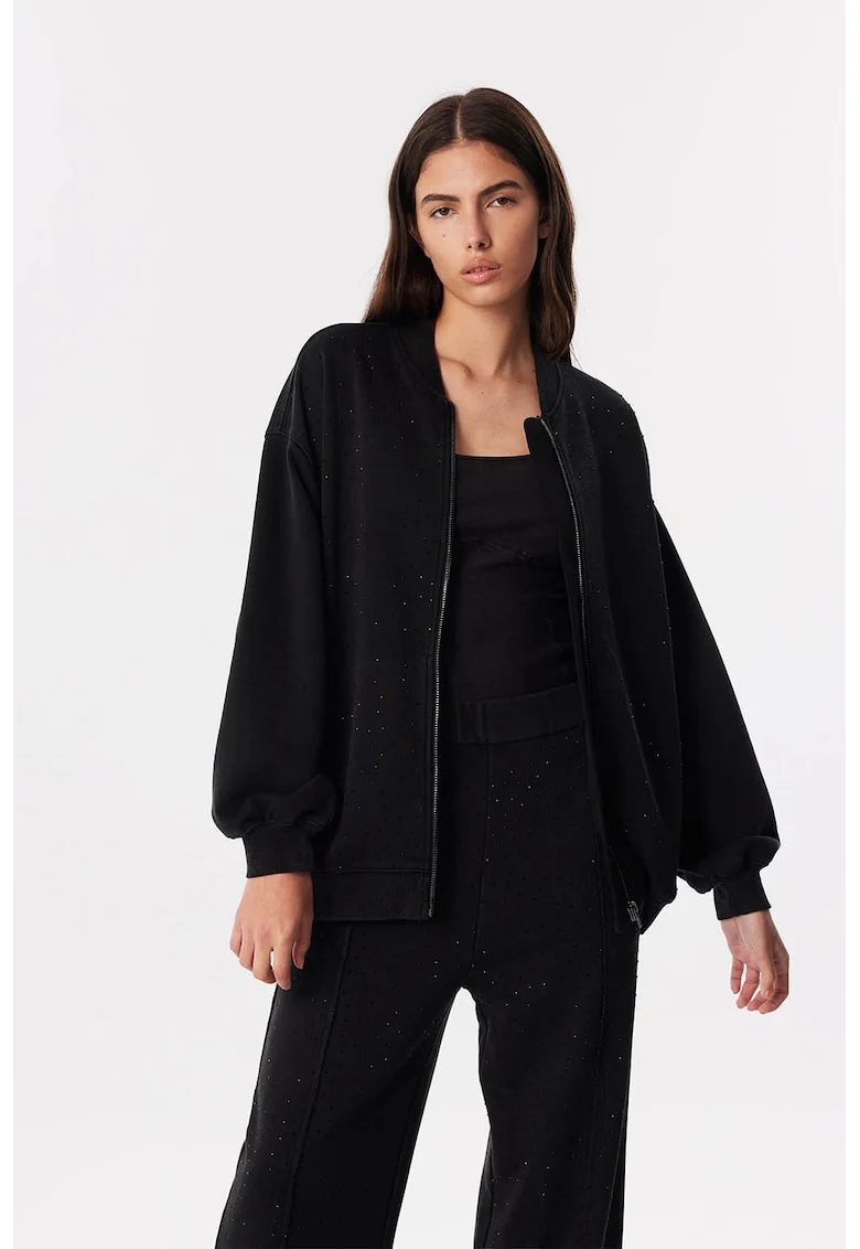 Bluza de trening lejera cu fermoar si strasuri, Negru