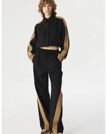 Pantaloni relaxed fit cu snur in talie, Negru/Bej