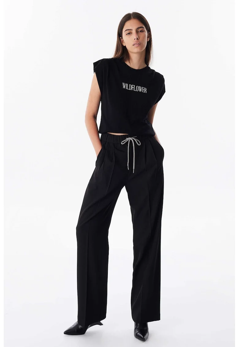 Pantaloni cu croiala ampla si talie ajustabila, Negru stins