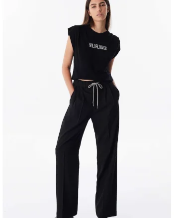 Pantaloni cu croiala ampla si talie ajustabila, Negru stins