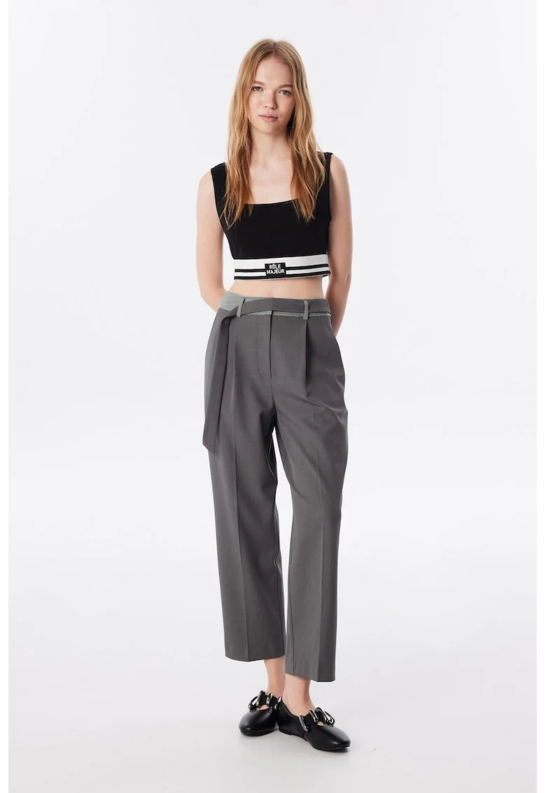 Pantaloni crop cu croiala dreapta, Gri deschis