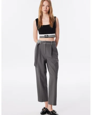 Pantaloni crop cu croiala dreapta, Gri deschis
