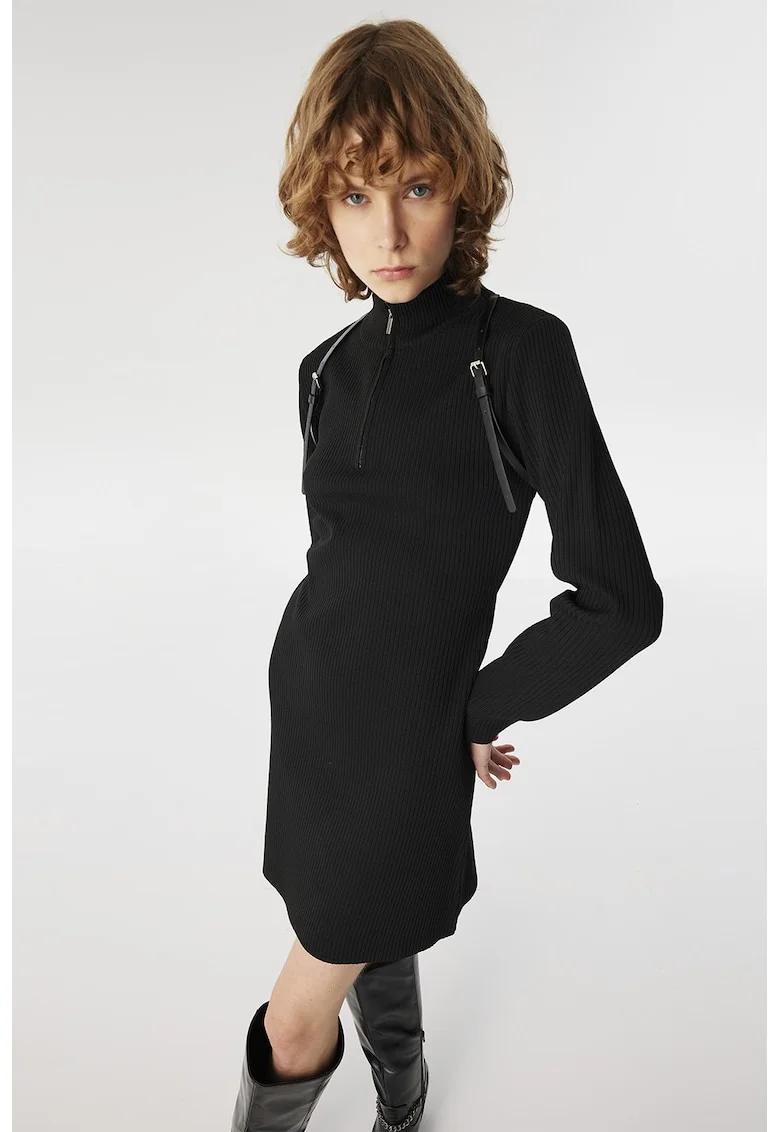 Rochie mini cu striatii si fenta cu fermoar, Negru