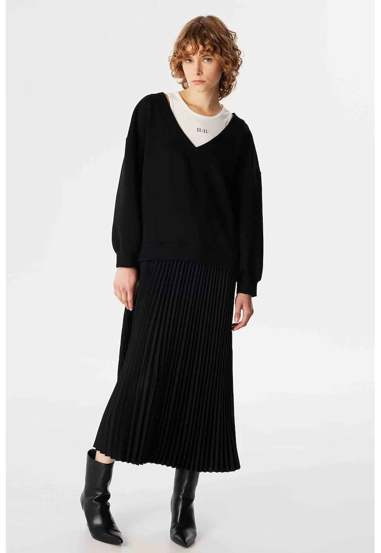 Rochie midi cu aspect 2in1 si model cu pliuri, Negru
