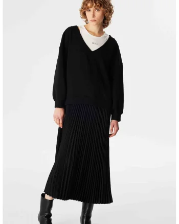 Rochie midi cu aspect 2in1 si model cu pliuri, Negru