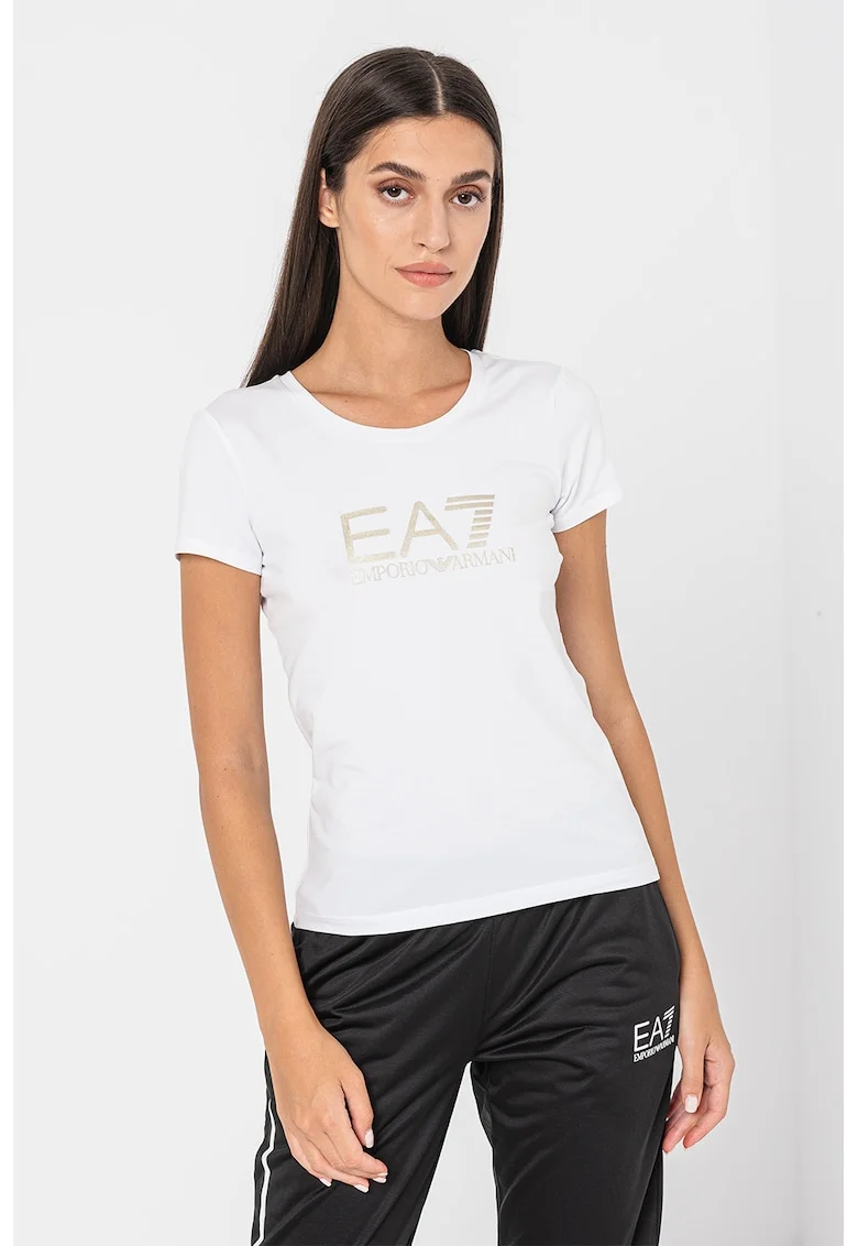 Tricou slim fit cu imprimeu logo, Auriu/Alb optic