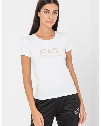 Tricou slim fit cu imprimeu logo, Auriu/Alb optic