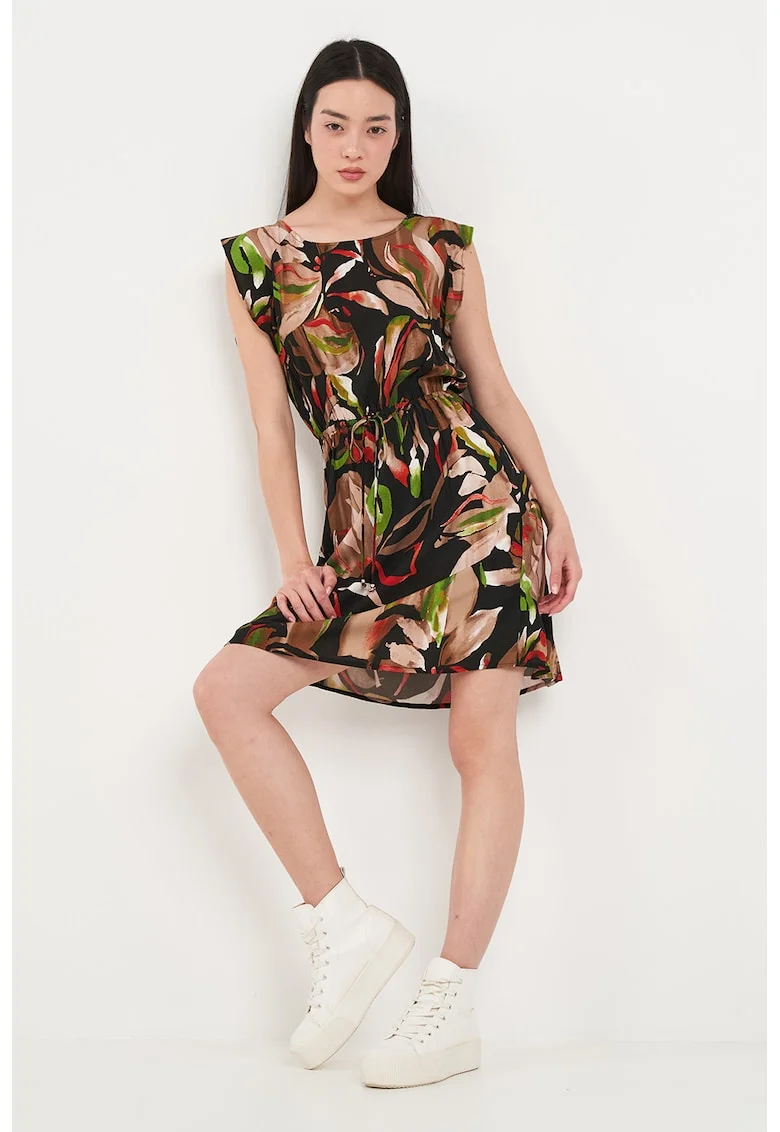 Rochie scurta cu talie ajustabila si model floral, Verde/Negru/Bej