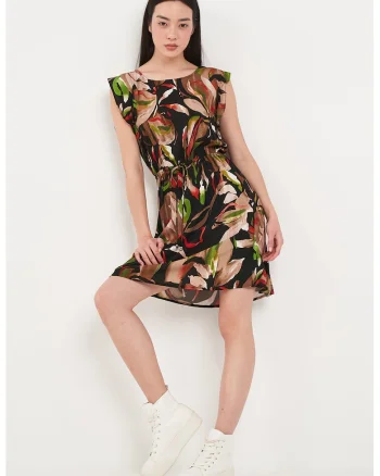 Rochie scurta cu talie ajustabila si model floral, Verde/Negru/Bej
