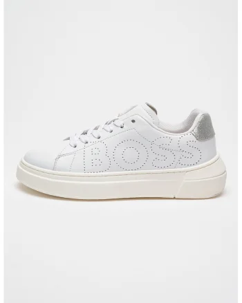 Pantofi sport de piele cu logo, Alb/Argintiu