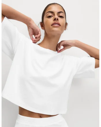 Tricou crop din material terry, Alb
